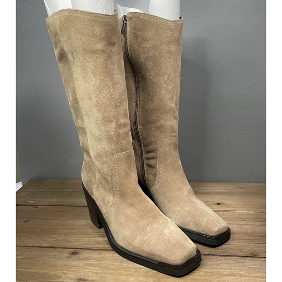 Vince Camuto Women's Babellie Mid Calf Boots Size 9 Taupe Suede Cowboy Western - Picture 2 of 16